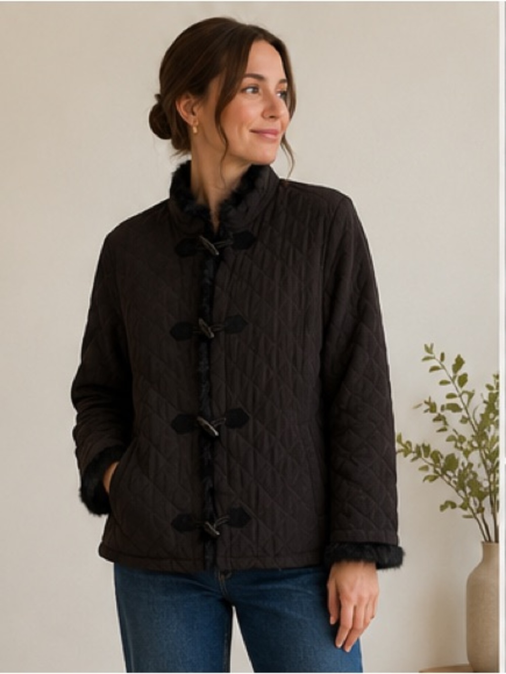 Alfred Dunner Vintage Quilted Jacket Rabbit Fur Trim Black L